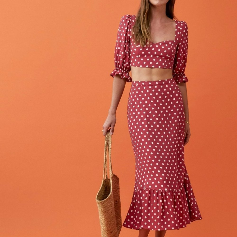 Reformation red with white polka dot fiona 2-piece Campari midi dress crop top 0 - Picture 1 of 14